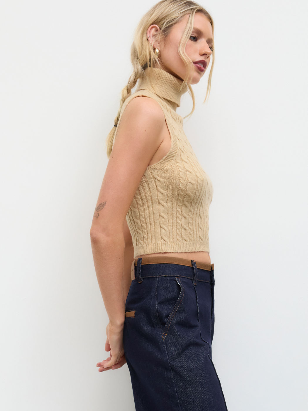 Cable Knit High Neck Solid Crop Top