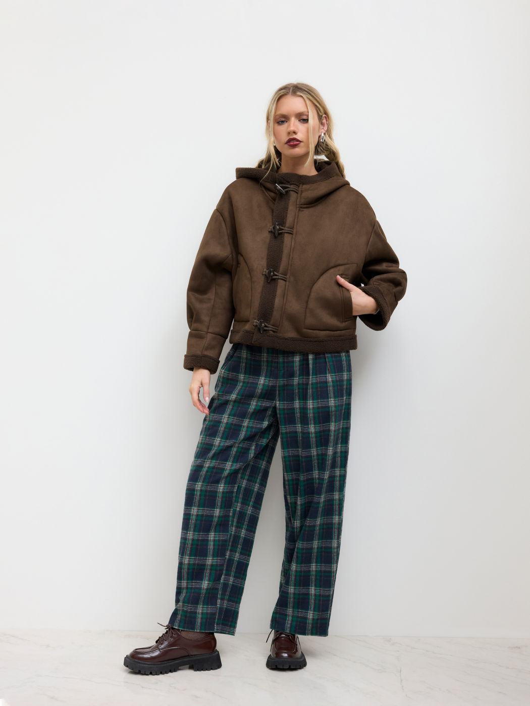 Faux Shearling Hooded Pocket Toggle Button Oversized Jacket