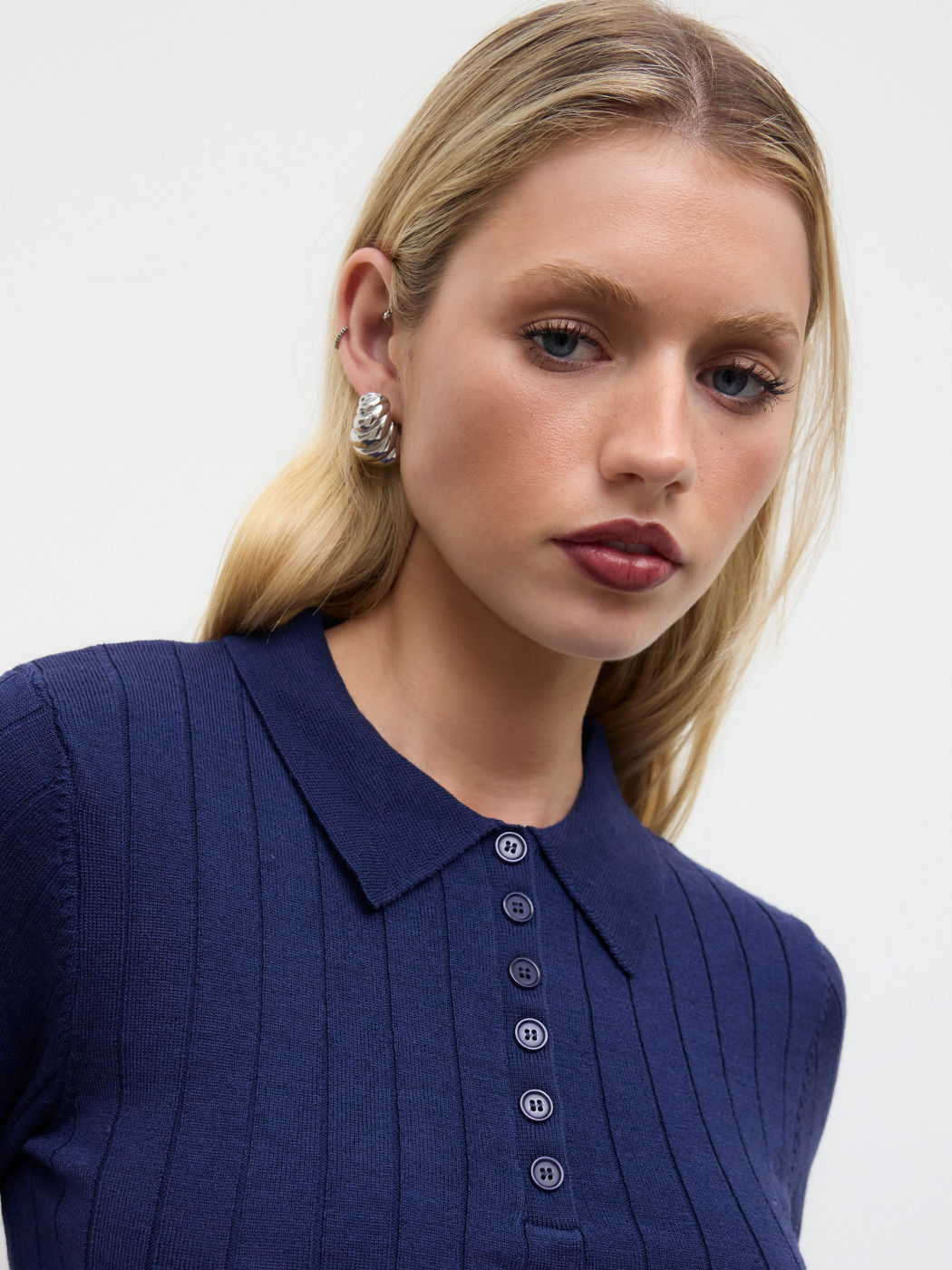 Knit Wool-blend Collar  Solid Button Long Sleeve Crop Top