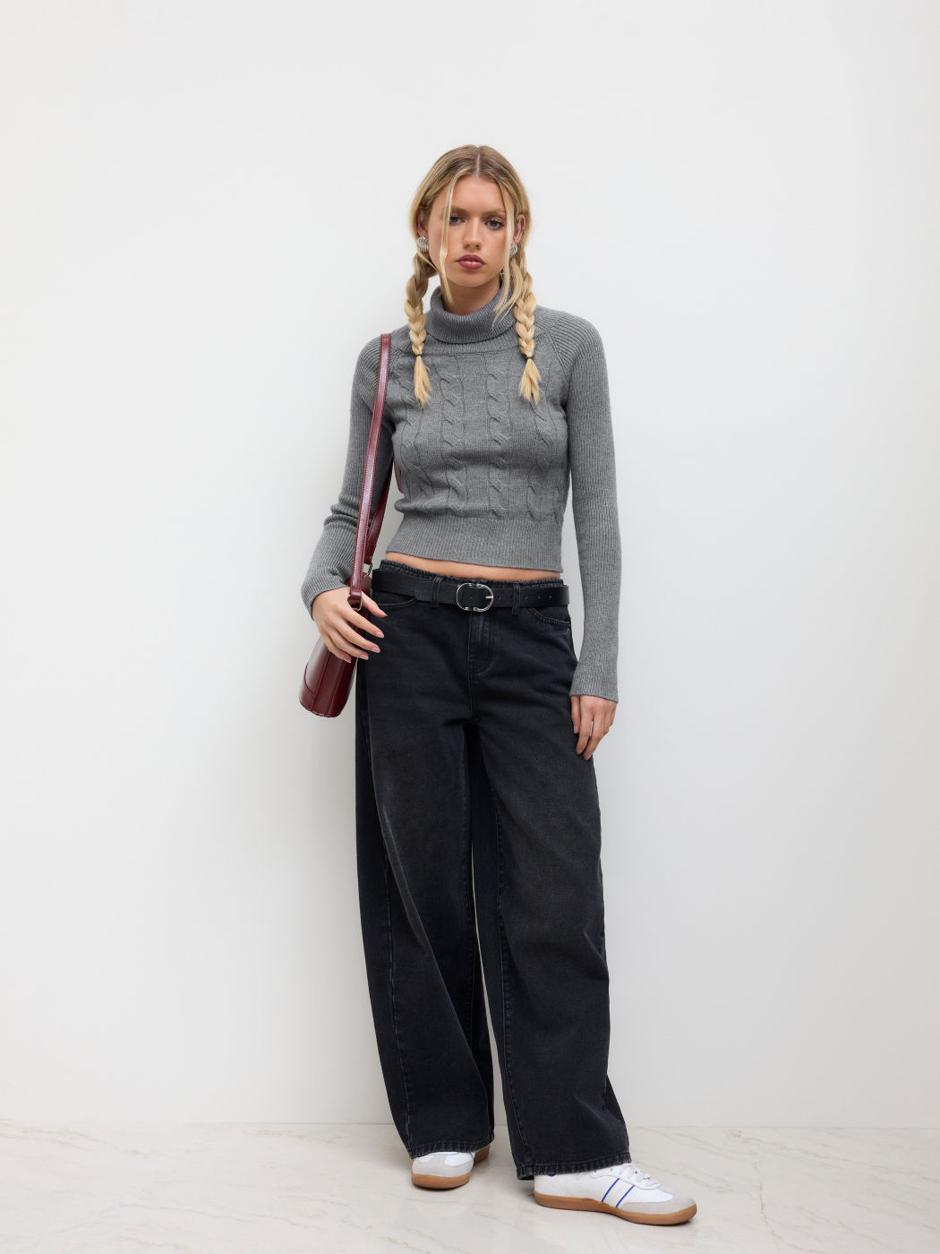 Cable Knit High Neck Long Sleeve Crop Top