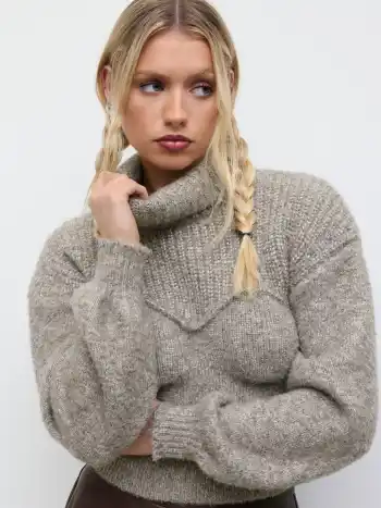 Knit High Neck Lantern Sleeve Crop Top