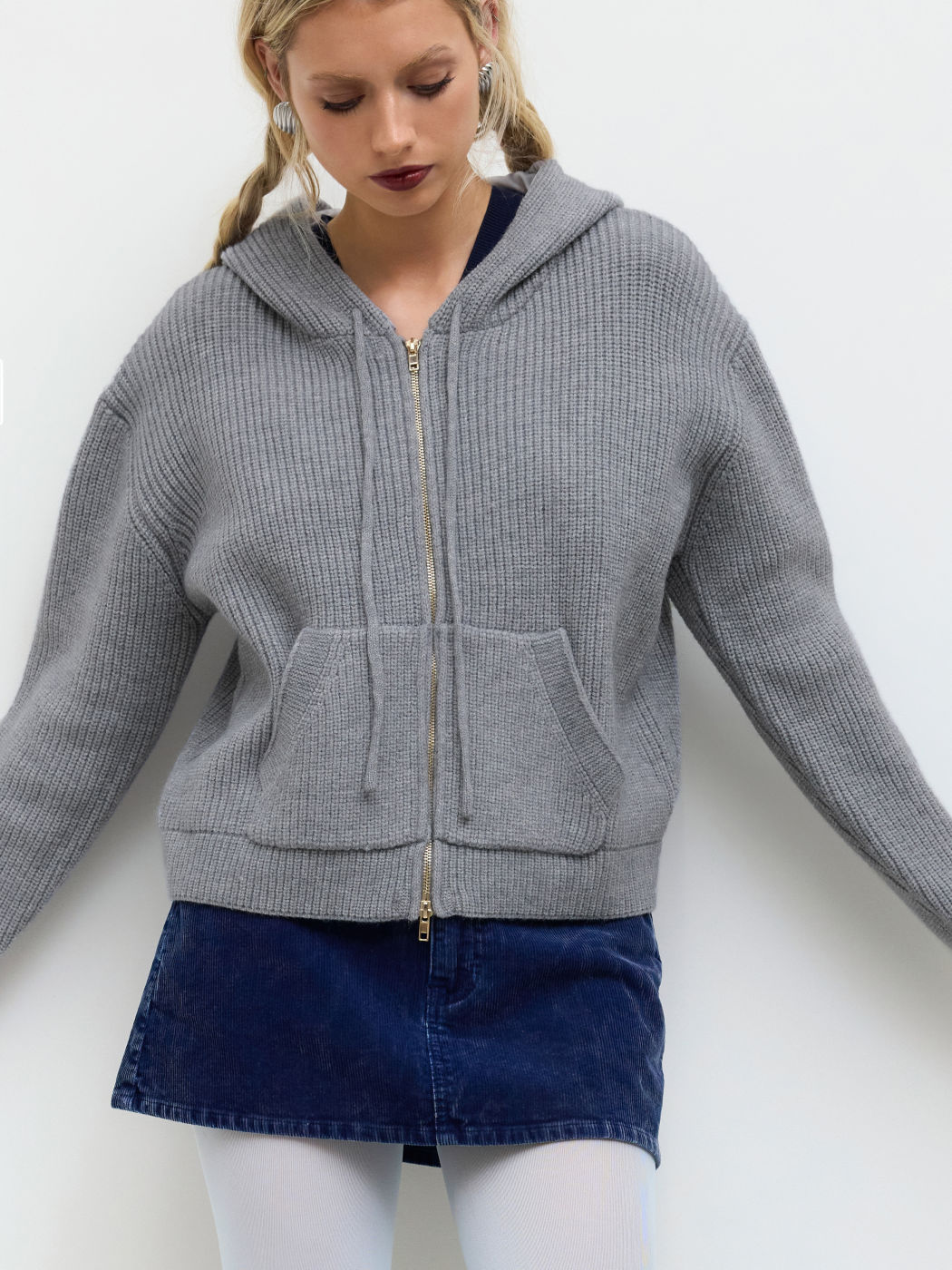 Knit  Hooded Zipper Oversized Cardigan