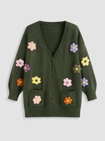 Knit V-neck 3D Flower Pocket Longline Cardigan Curve & Plus
