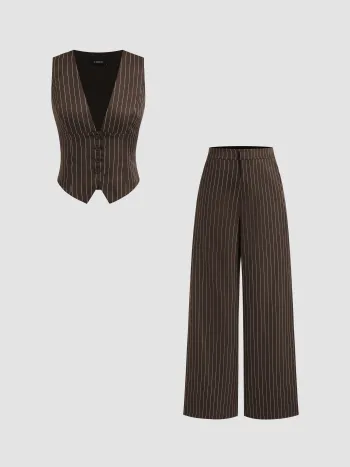 V-Ausschnitt Streifen Knopf Tanktop & Mittelhohe Taschen Gerade Beine Hosen Set