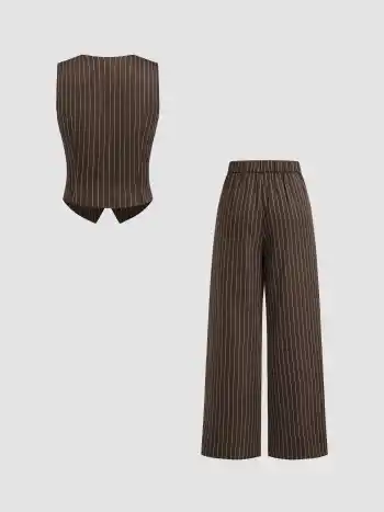 V-Ausschnitt Streifen Knopf Tanktop & Mittelhohe Taschen Gerade Beine Hosen Set