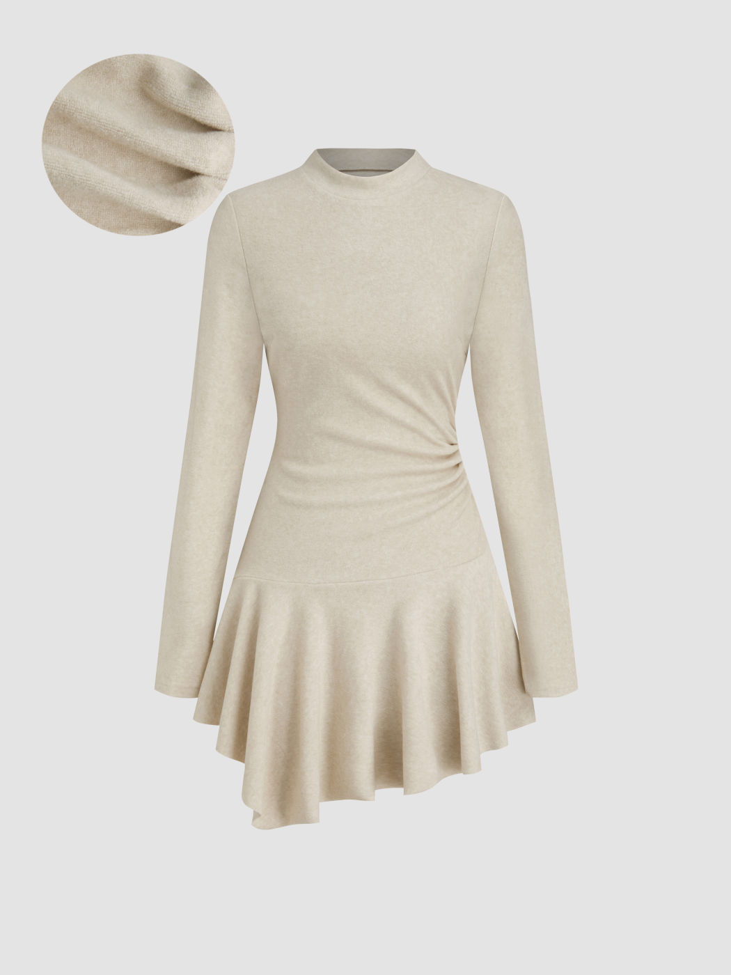 Terry High Neck Ruched Ruffle Mini Dress