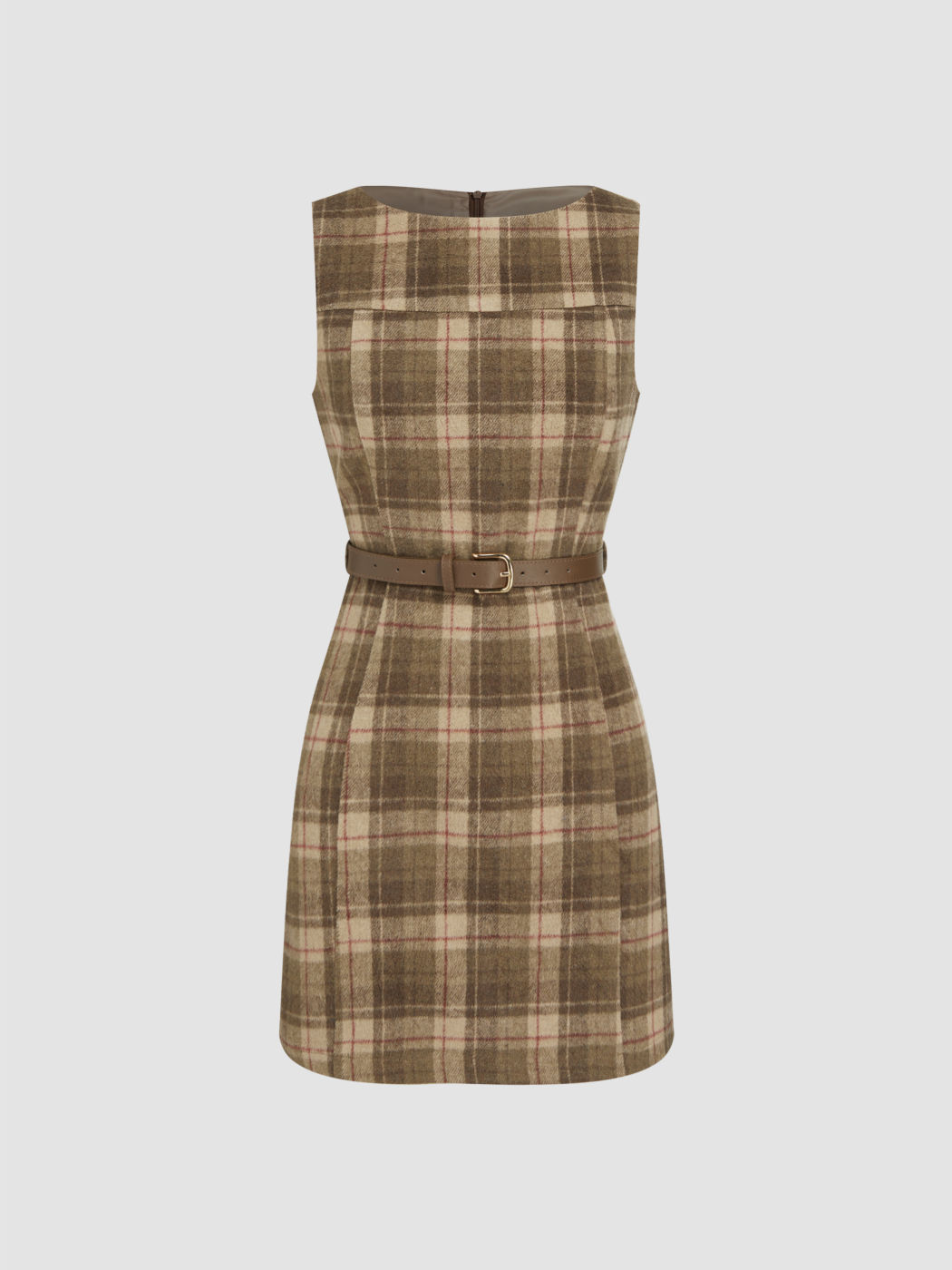 Wool-look Boat Neck Tartan Mini Dress With Belt