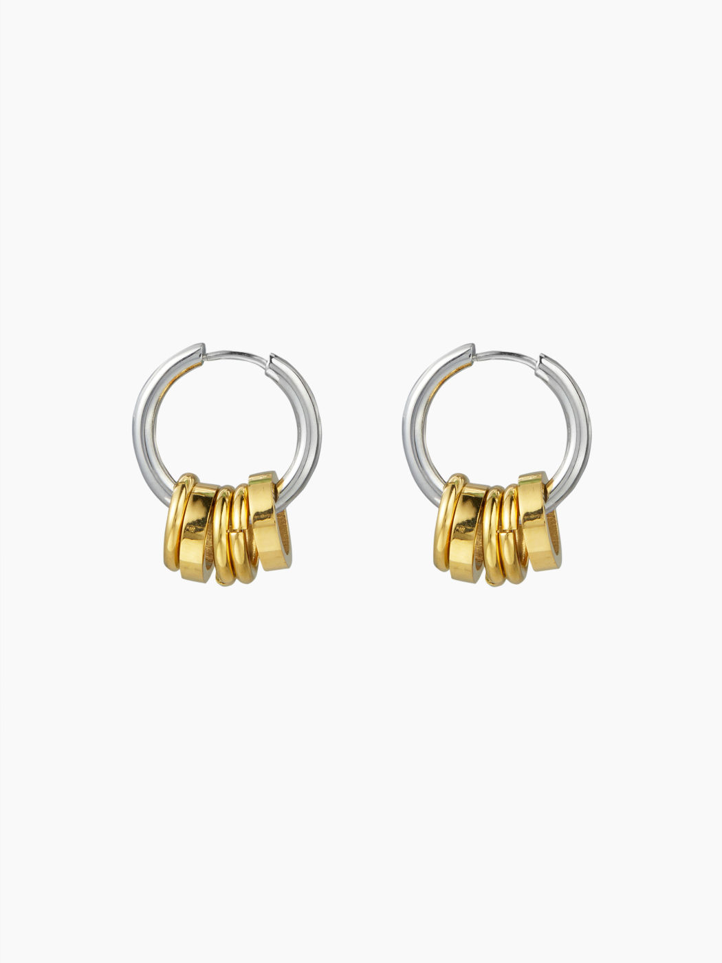 MIXED METAL 18K GOLD PLATED STAINLESS STEEL HUGGIE HOOP EARRINGS