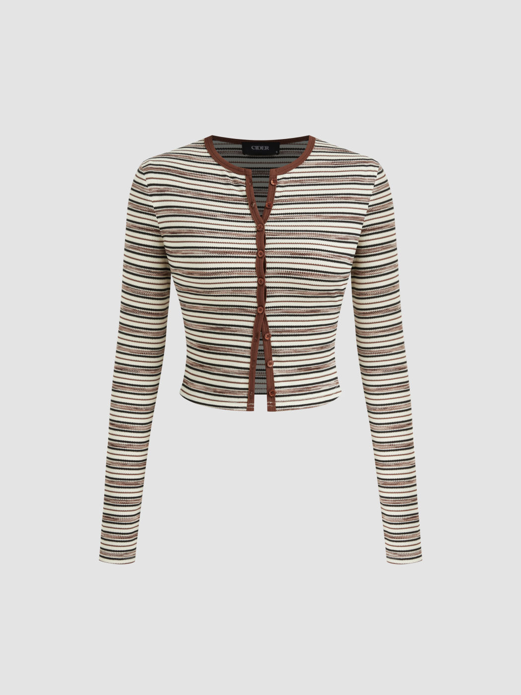 Round Neckline Stripe Button Long Sleeve Top