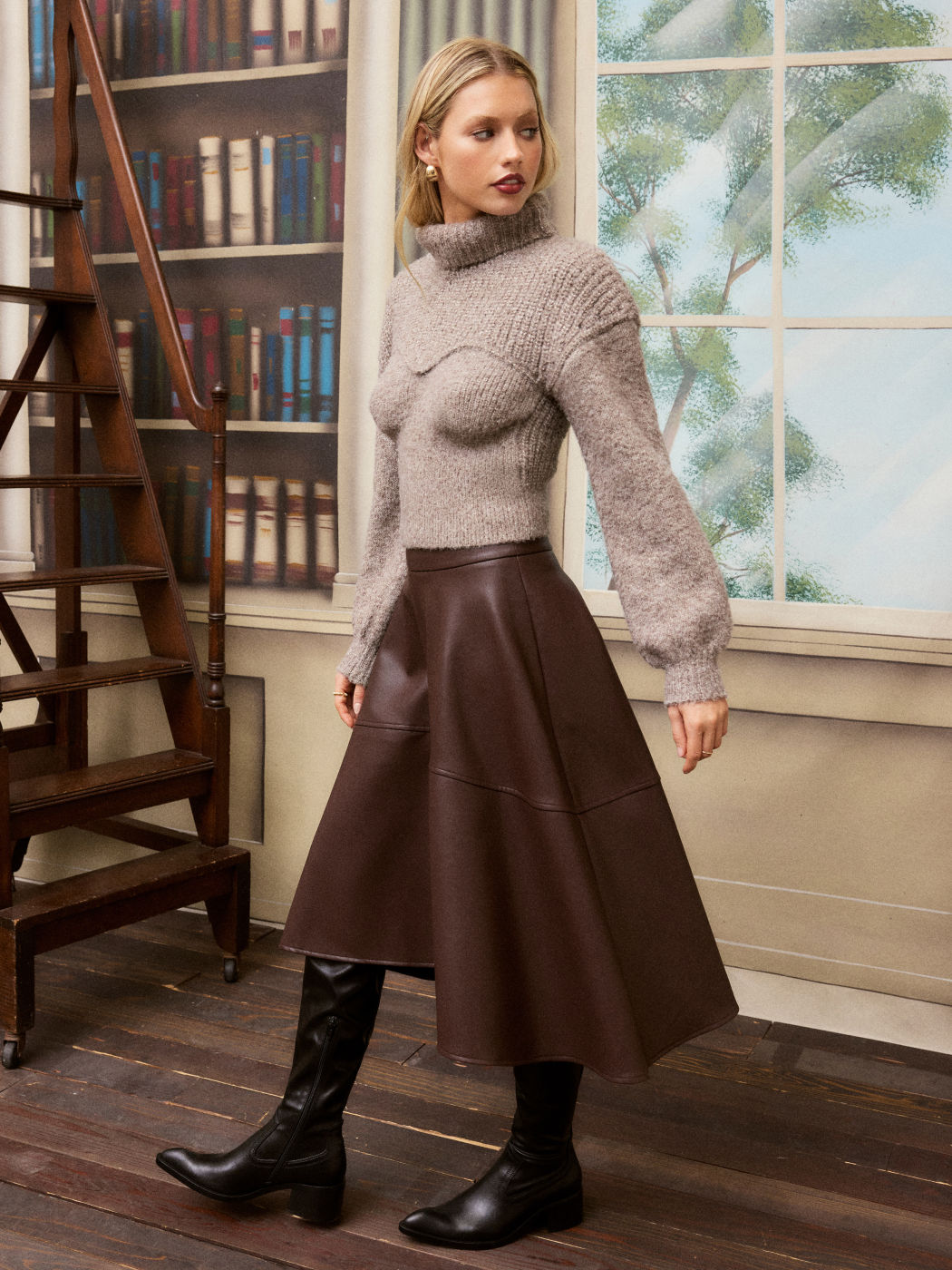 Faux Leather Mid Rise Ruffle Midi Skirt