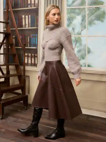 Faux Leather Mid Rise Ruffle Midi Skirt