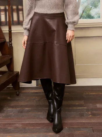 Faux Leather Mid Rise Ruffle Midi Skirt