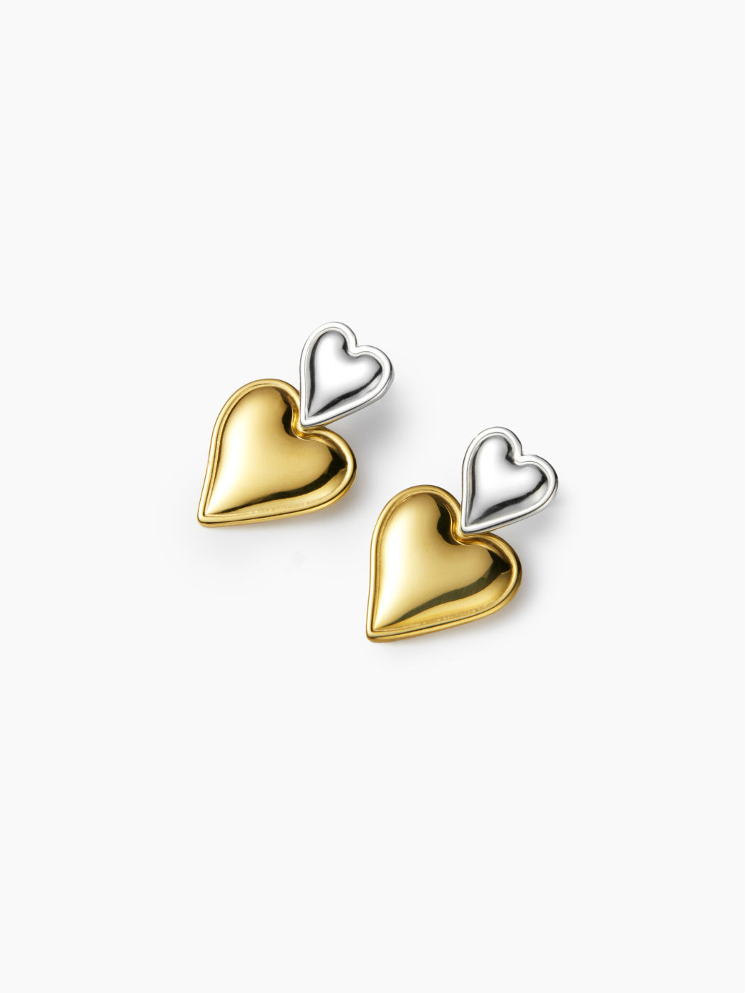 DOUBLE HEART MIXED METAL 18K GOLD PLATED STAINLESS STEEL DROP EARRINGS