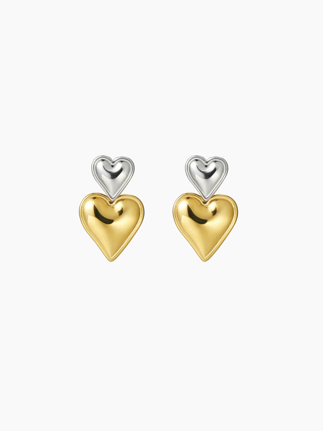 DOUBLE HEART MIXED METAL 18K GOLD PLATED STAINLESS STEEL DROP EARRINGS