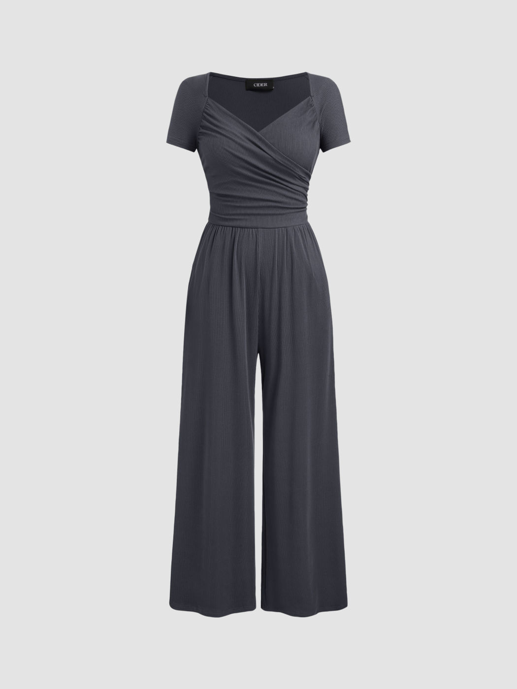 V-neck Solid Ruched Straight Leg Jumpsuit