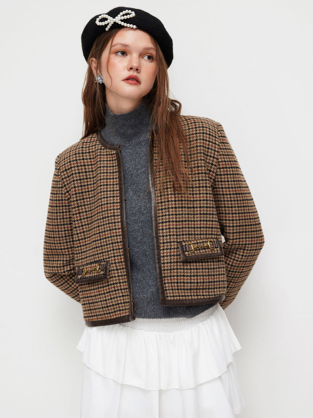 Wool-look Round Neckline Houndstooth Jacket
