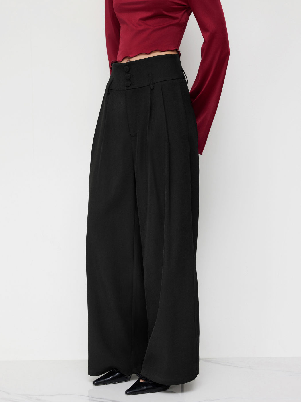 High Rise Pleated Pocket Wide Leg Trousers