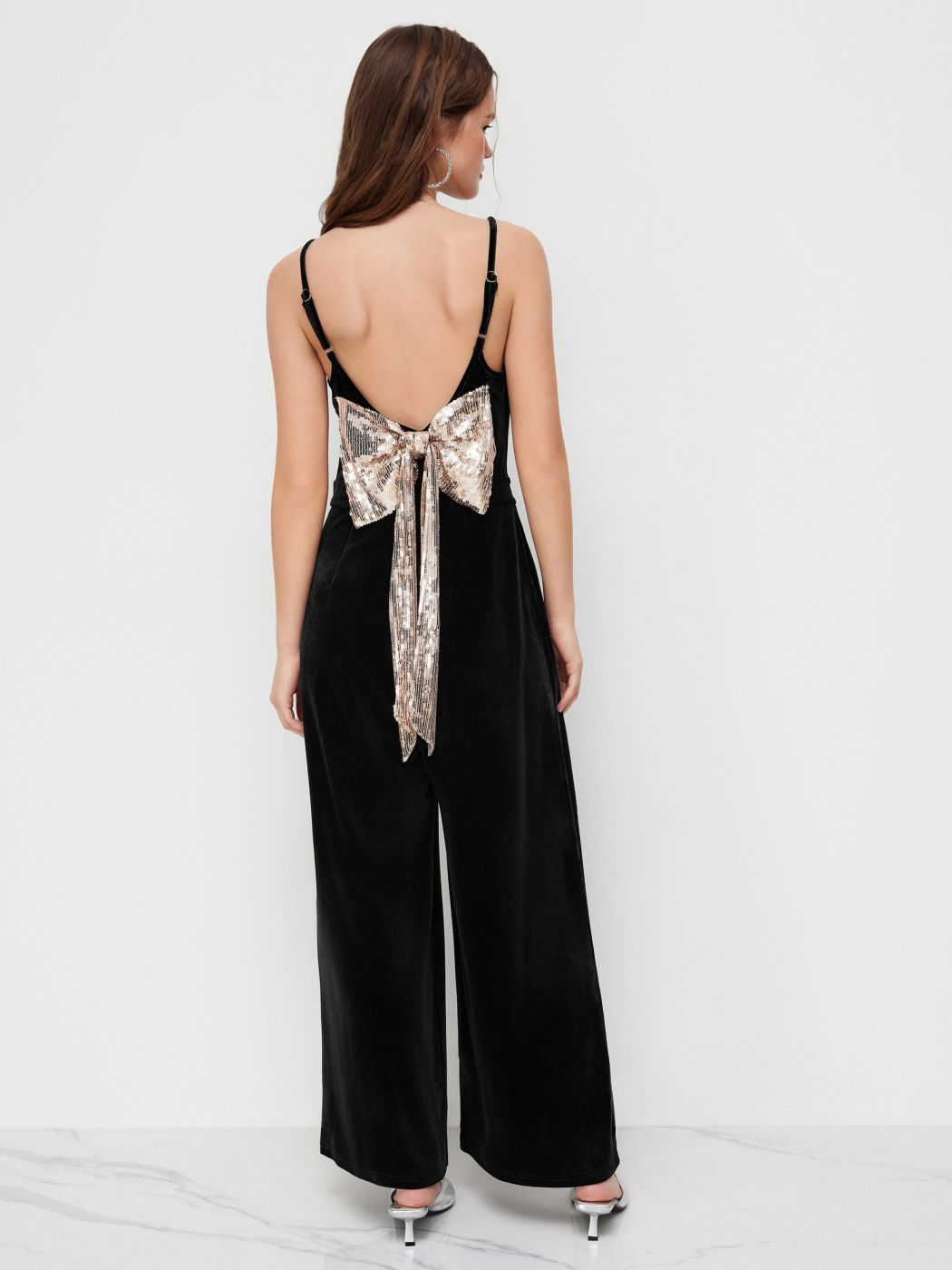 Velvet V-neck Sequin Bowknot Wrap Pocket Jumpsuit