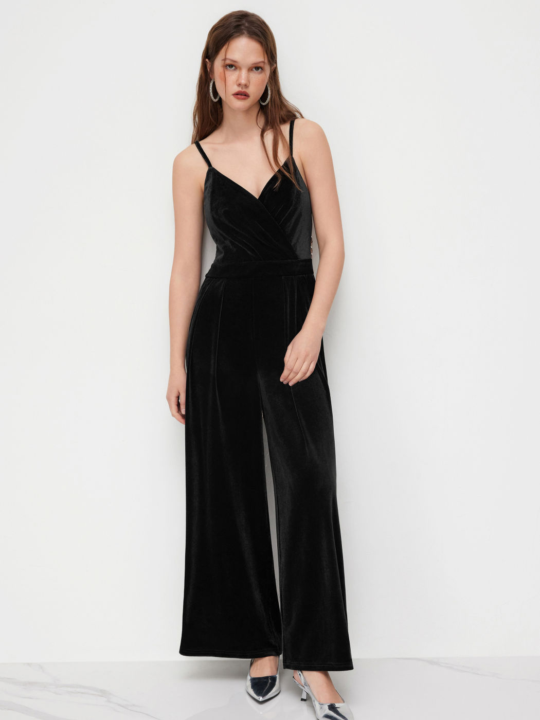 Velvet V-neck Sequin Bowknot Wrap Pocket Jumpsuit