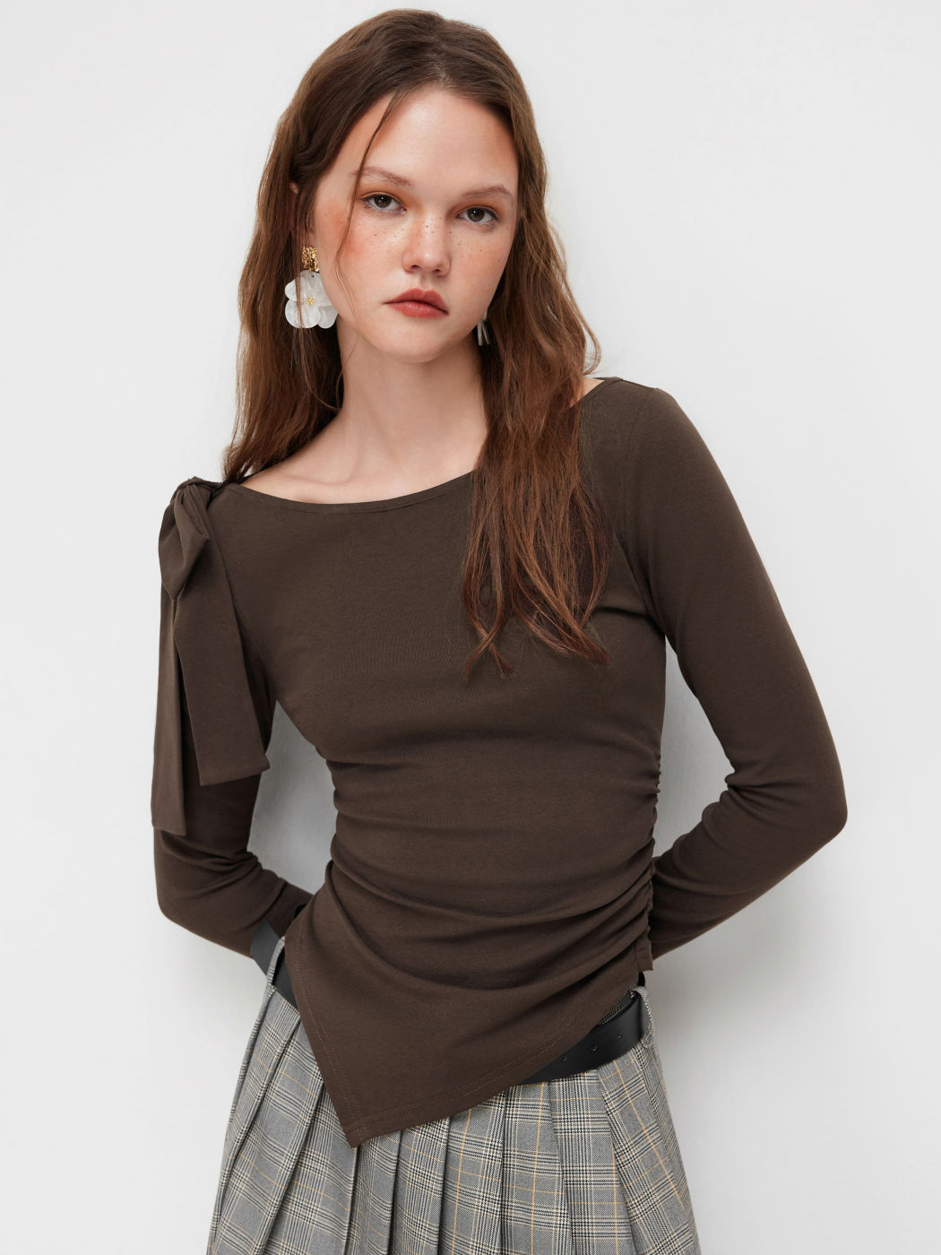 Cotton-blend Round Neckline Bow Asymmetrical Hem Long Sleeve Top