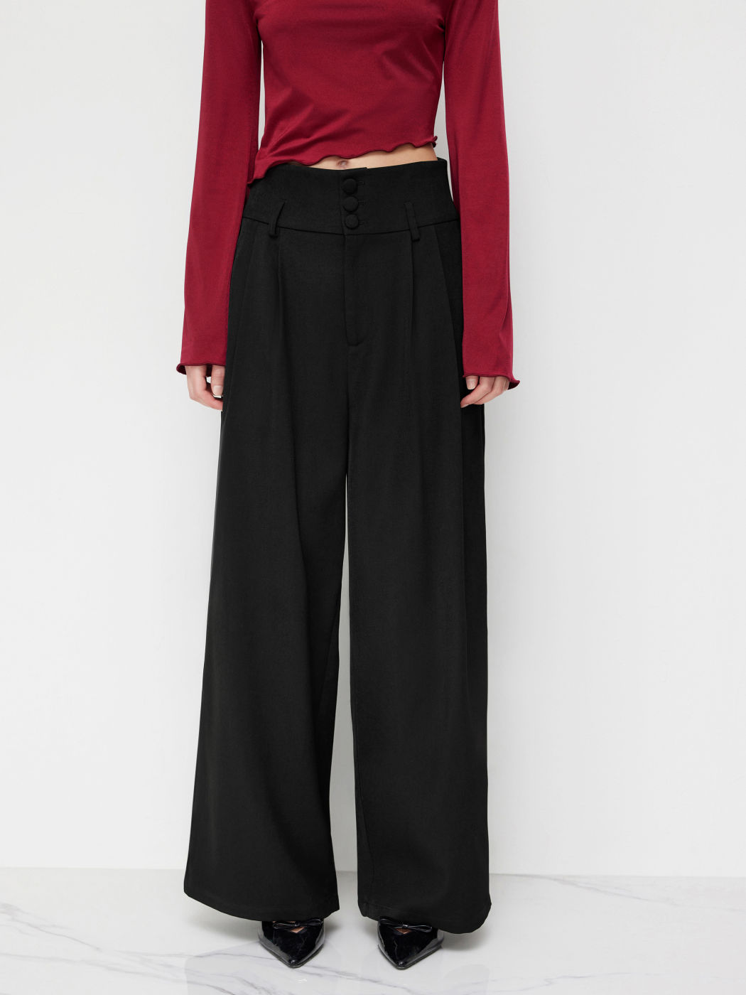 High Rise Pleated Pocket Wide Leg Trousers