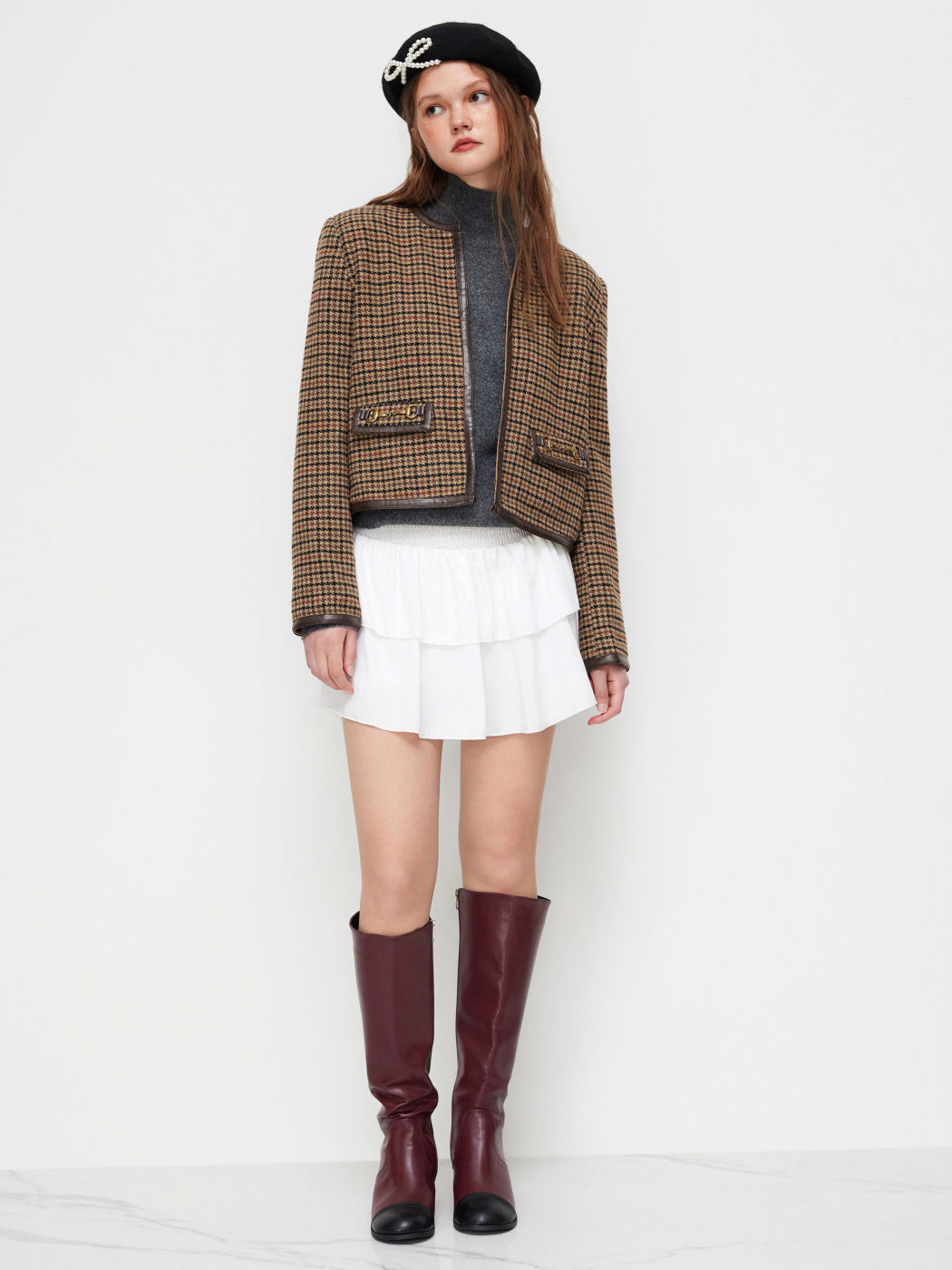 Wool-look Round Neckline Houndstooth Jacket