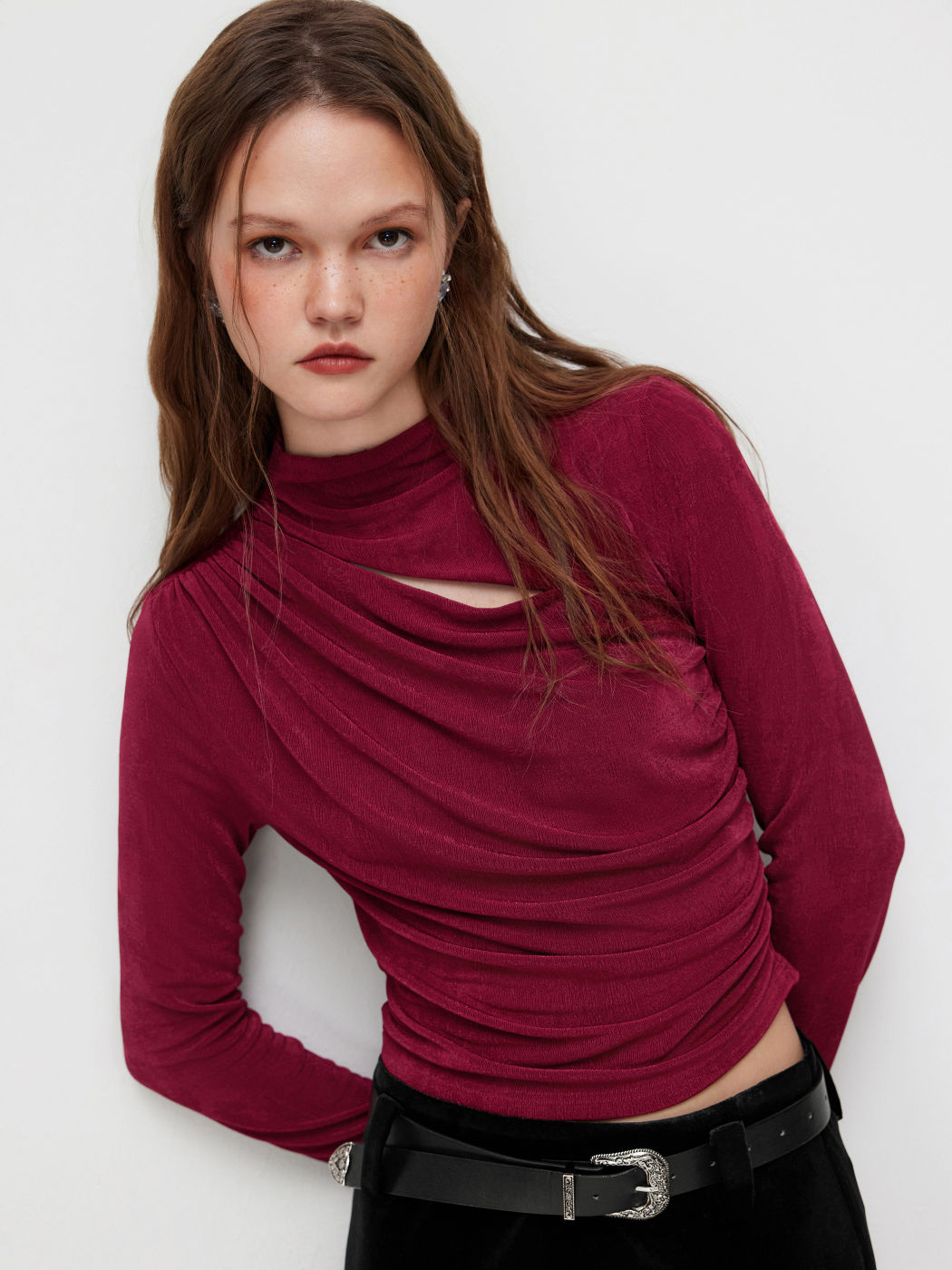 High Neck Cut Out Ruched Long Sleeve Top