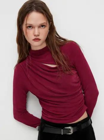 Stand Collar Ruched Long Sleeve Tee