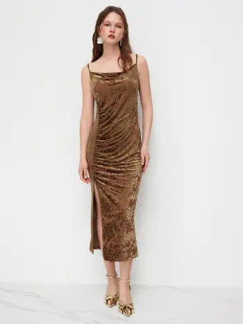 Mesh Cowl Neck Ruched Split Midi Dress