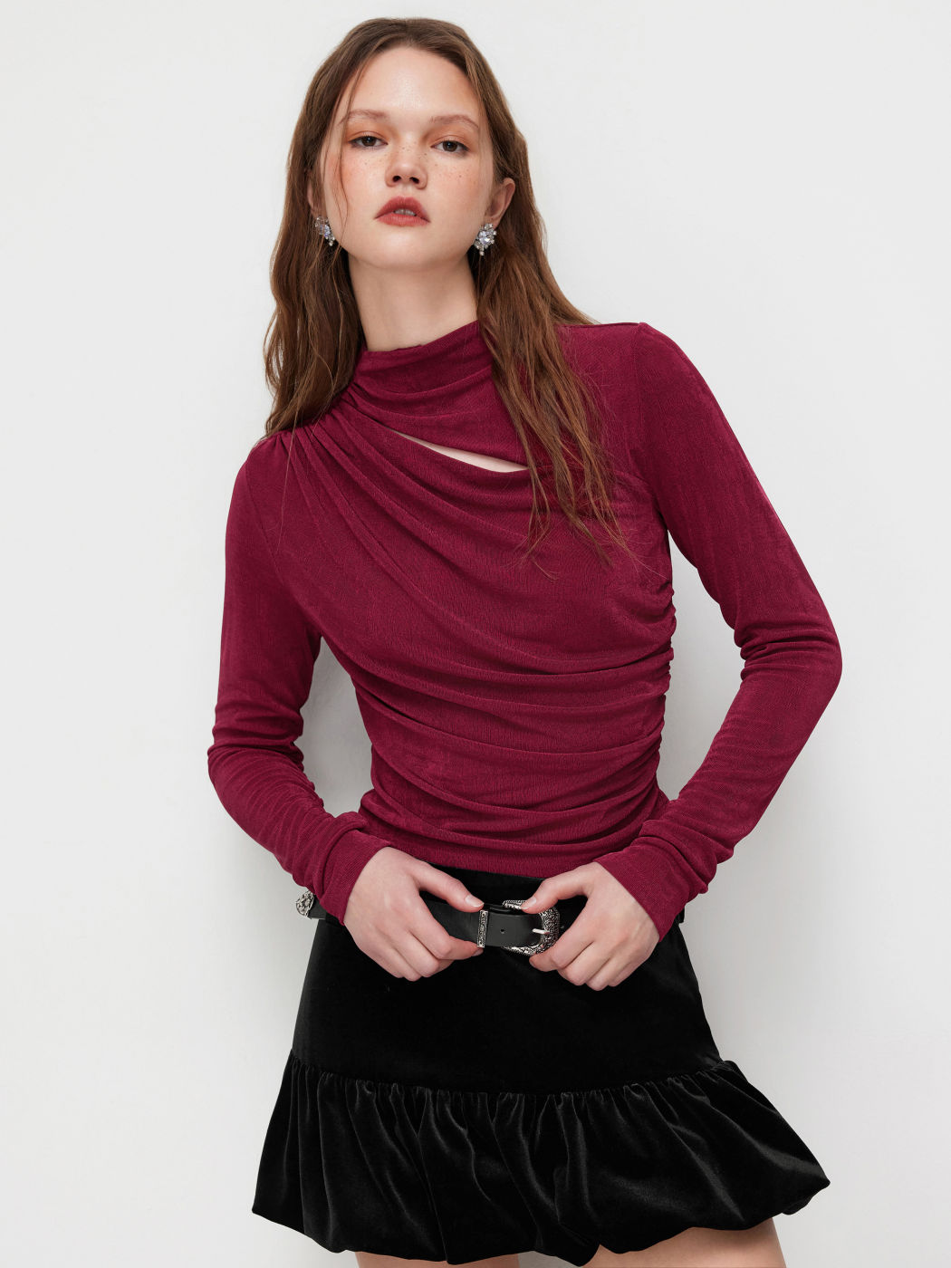 High Neck Cut Out Ruched Long Sleeve Top