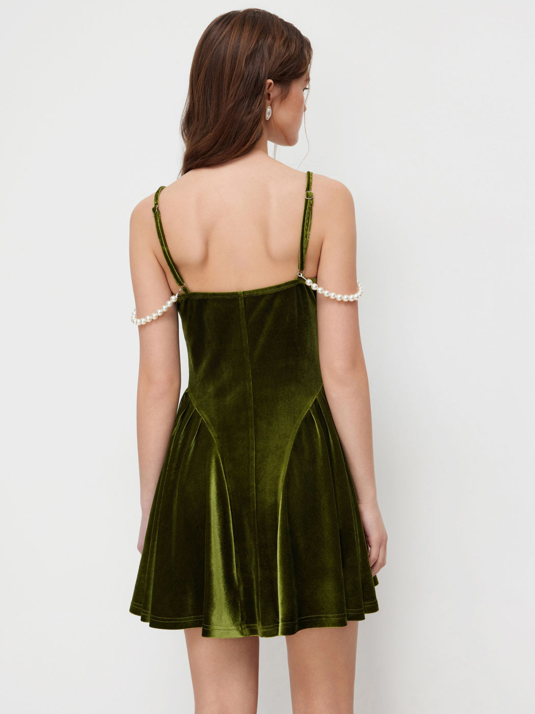 Velvet Square Neck Pleated Pearl Chain Mini Dress