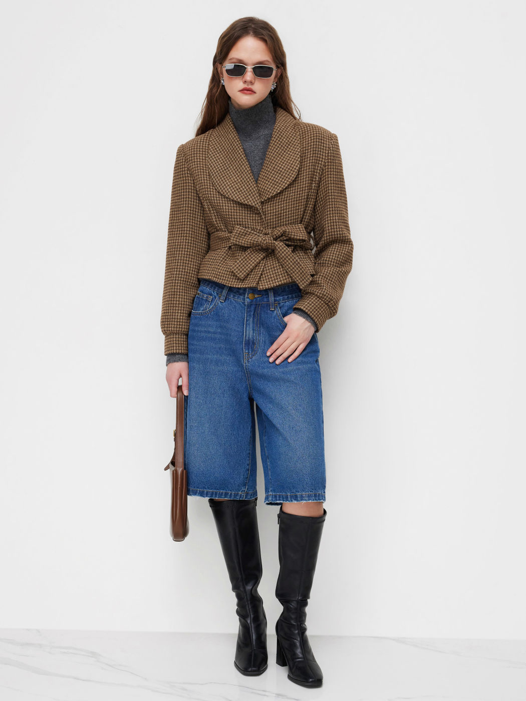Wool-blend Collar Houndstooth Knotted Jacket