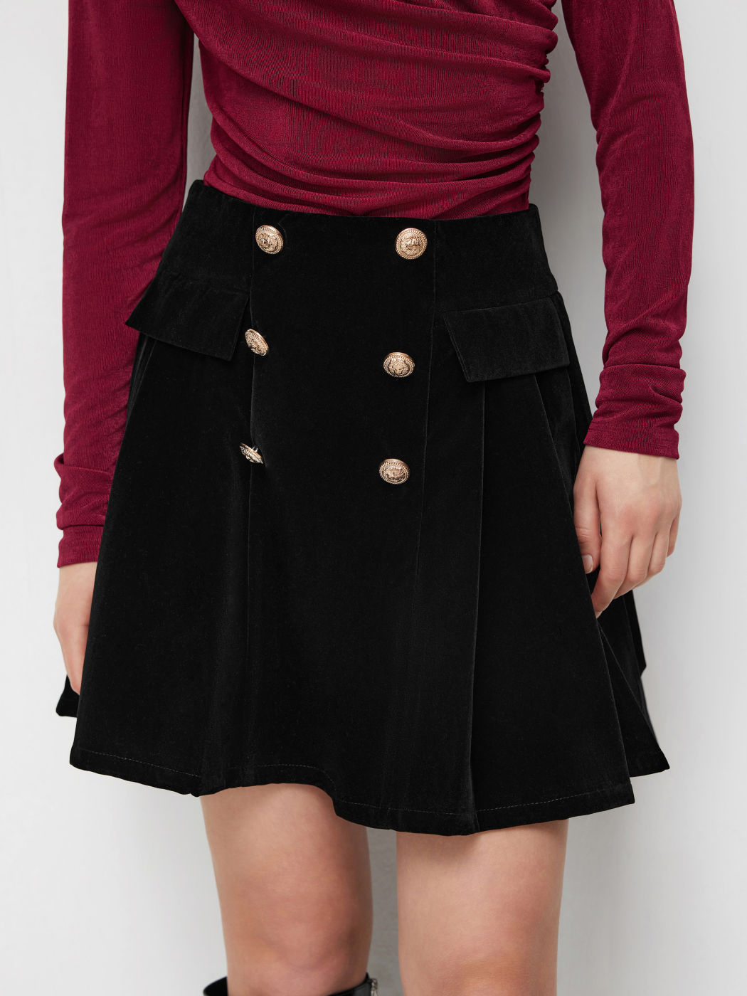 Velvet High Rise Double Breasted Pleated Mini Skirt