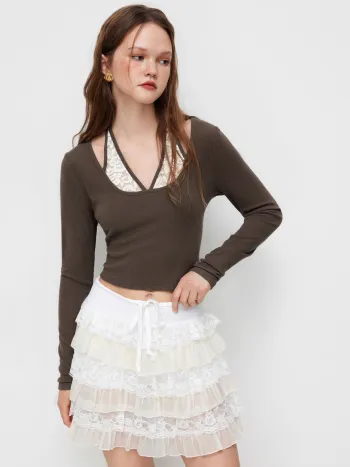 Halter Neckline Patchy Short Sleeve Top