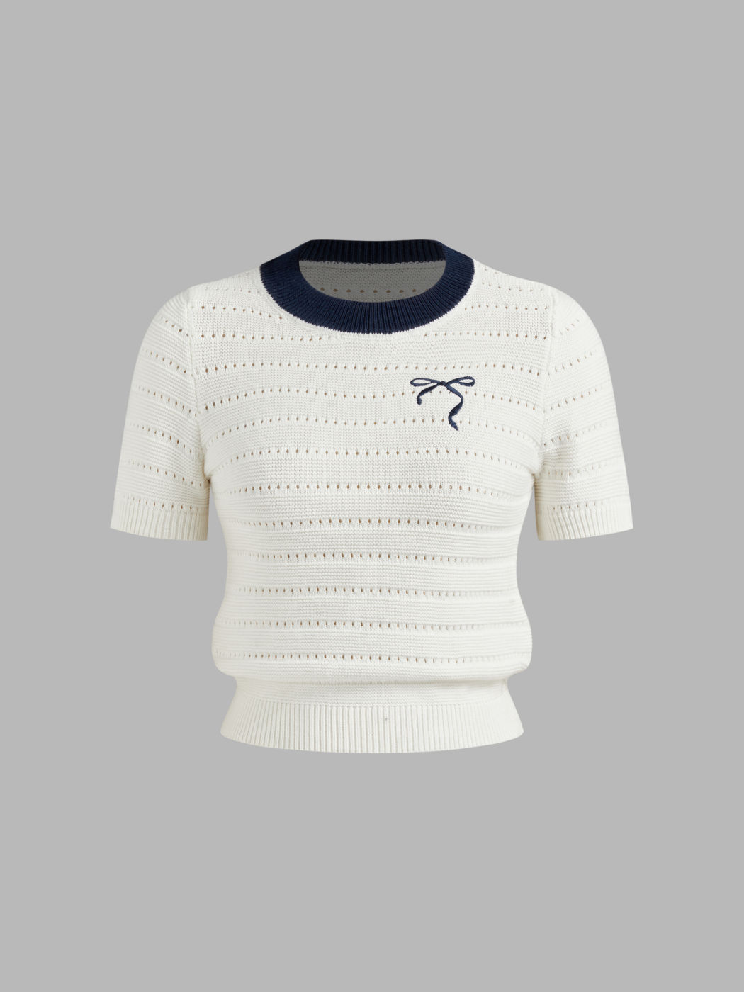 Knit Eyelet Contrasting Binding Bowknot Short Sleeve Top