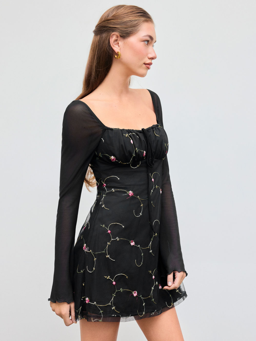 Mesh Sweetheart-Ausschnitt Blumen Mini Kleid