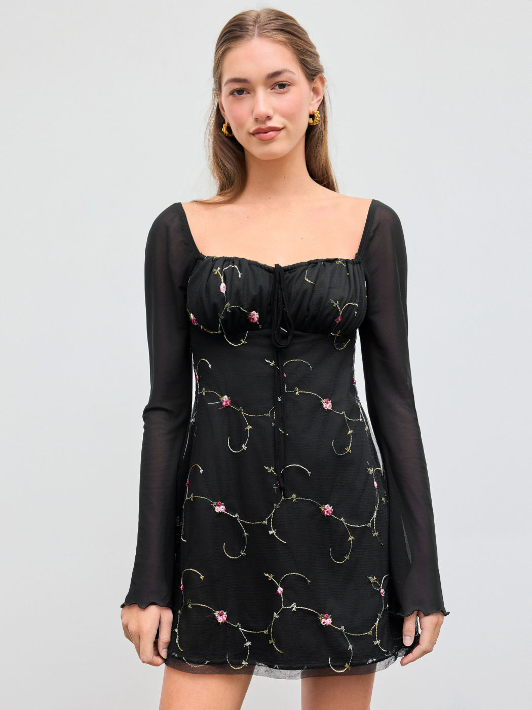 Mesh Sweetheart-Ausschnitt Blumen Mini Kleid