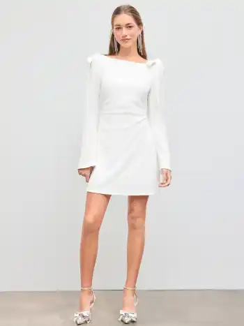 Mini-Kleid mit Bootshals, einfarbig und mit Knopflochbausch