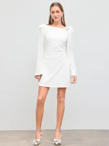 Boat Neckline Solid Ruched Bowknot Mini Dress