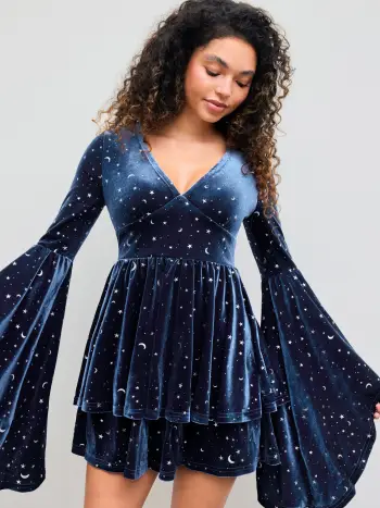 Velvet V-neck Star & Moon Pattern Bell Sleeve Romper