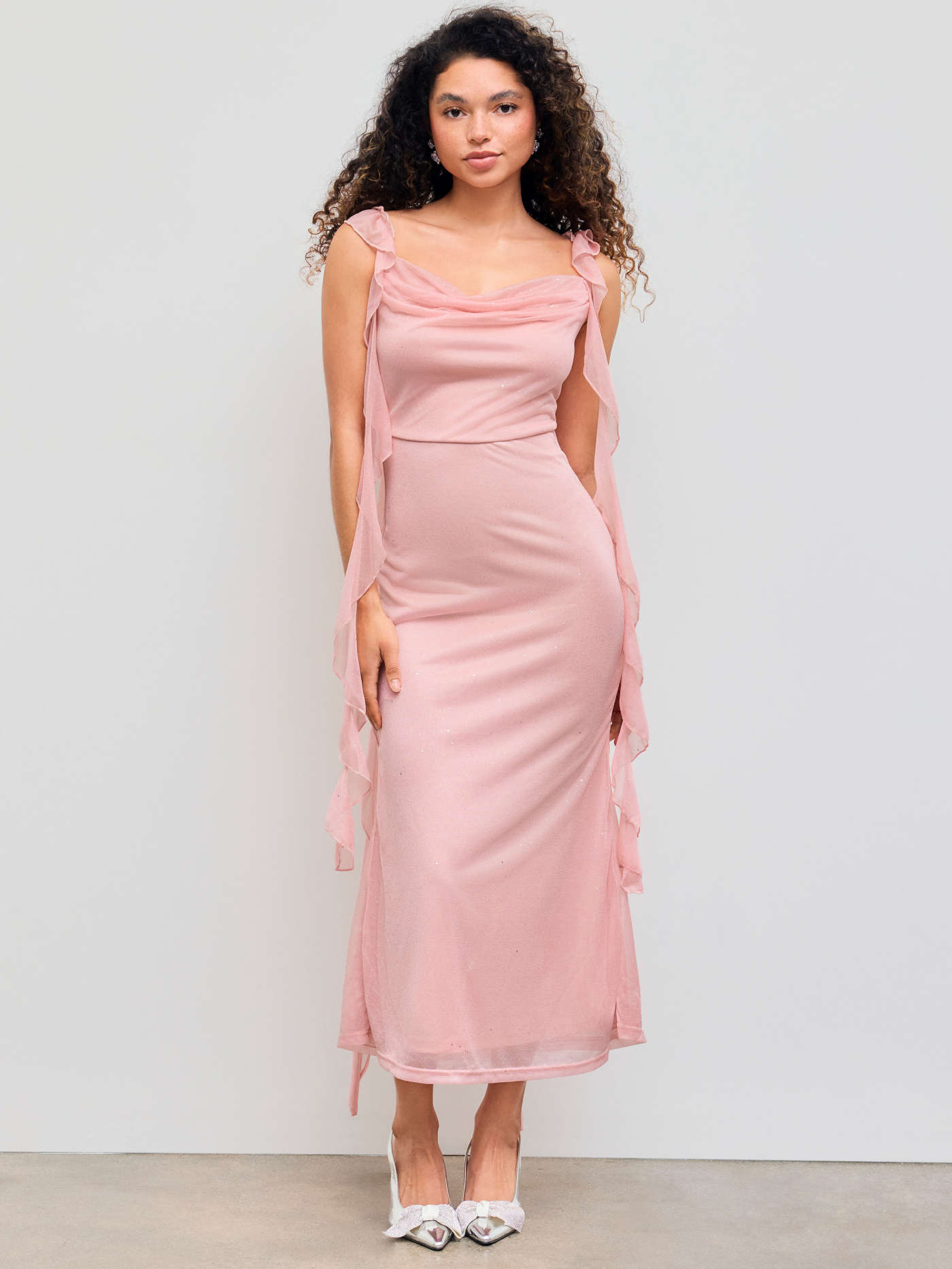 Formele jurken Homecoming Jurk Hoco Jurken Gebreide stof Cowl Neck Solid Glitter Ruffle Hem Maxi Dress For Feestje/Clubben