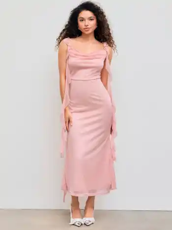 Cowl Neck Solid Glitter Ruffle Hem Maxi Dress
