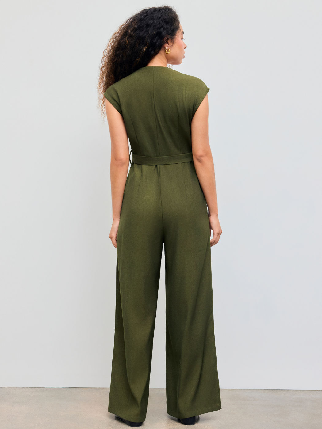 Collar Solid Pocket Wide Leg Jumpsuit With Belt