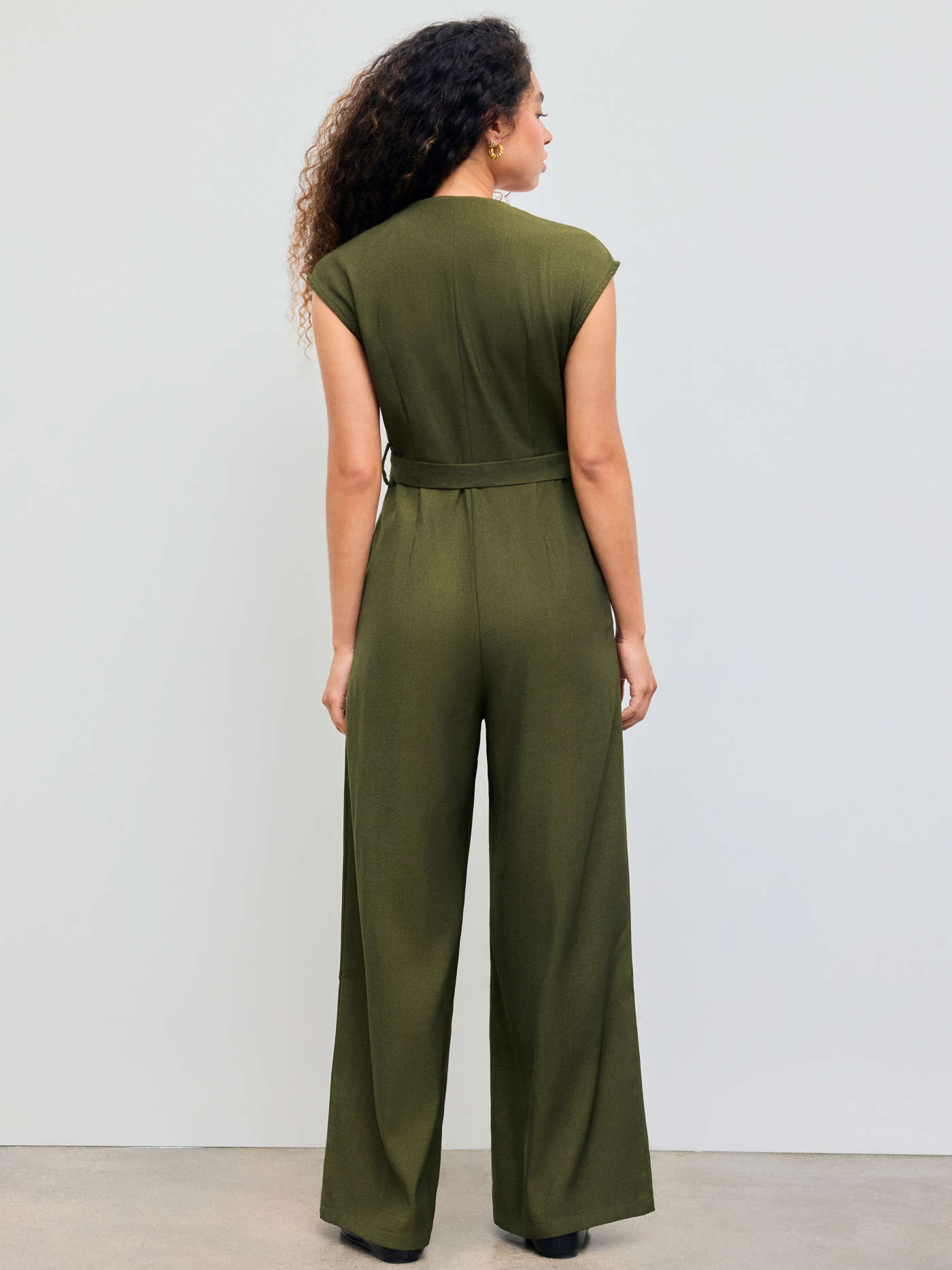 Collar Solid Pocket Wide Leg Jumpsuit With Belt