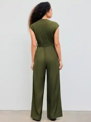Collar Solid Pocket Wide Leg Jumpsuit With Belt