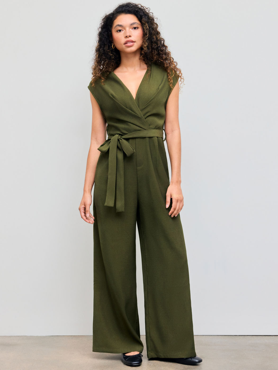 Collar Solid Pocket Wide Leg Jumpsuit With Belt