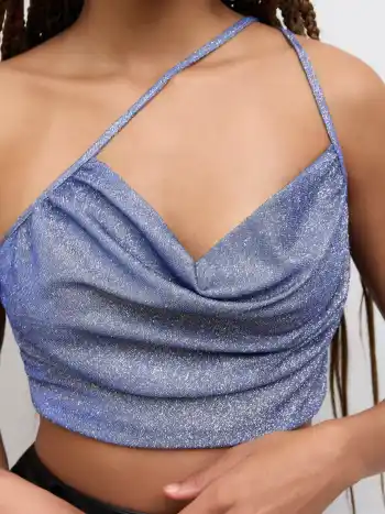 Glitzerndes geriffeltes Tank-Crop-Top mit Kragenhals