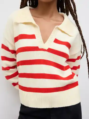 Striped Collar Knit Polo Top