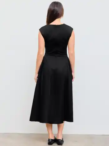 V-neck Solid Pleated Sleeveless Maxi Dress