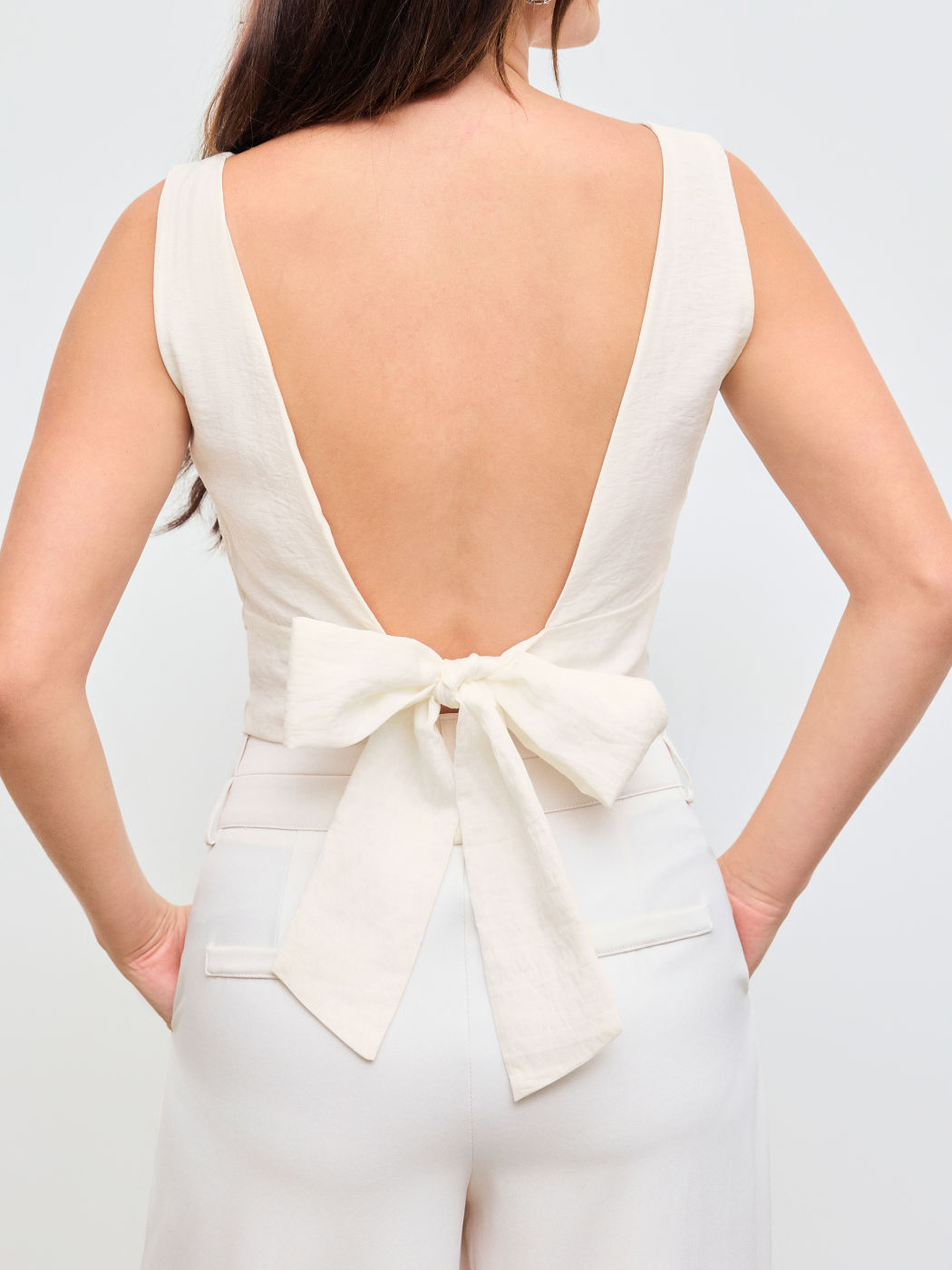 Linen-blend Boat Neck Solid Knotted Backless Tank Top 